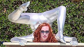 Bending In A Silver Spandex Suit – Watch4Fetish