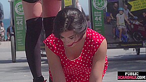 Busty sub babe naked outdoor in public on mistress command