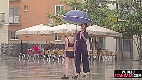 Lezdom redhead MILF shows teen bondservant outdoor in public