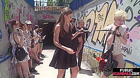 Pathetic babe publicly fucked and pissed in group sex