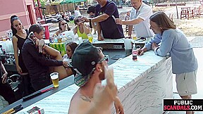 Public bdsm sub cocksucking and rimming on front of voyeurs
