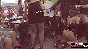 Submissive useless babe in high heels deepthroats in public