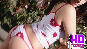 Teen Maid striptease in the garden with yummy pussy and tight pussy