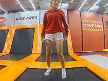Thai amateur MILF girlfriend having fun on a trampoline and fucked at home