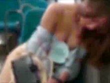 Asian girl reluctantly blows a couple guys on a bus after they strip her