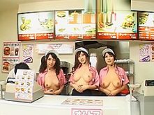 Mesmerized Japanese fast food workers get fucked doggy style in public