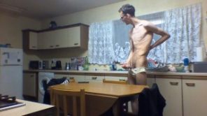 VERY SKINNY TEEN WEARS HIS STEPMOMS PANTIES AND MASTURBATES IN THE KITCHEN!