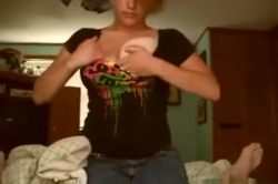 Busty brunette sucks her bf’s cock pov on the bed and rides him reverse cowgirl
